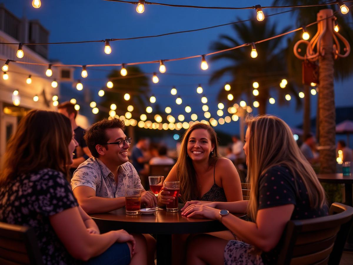 Experience voucher category preview showing friends at an outdoor evening venue with string lights