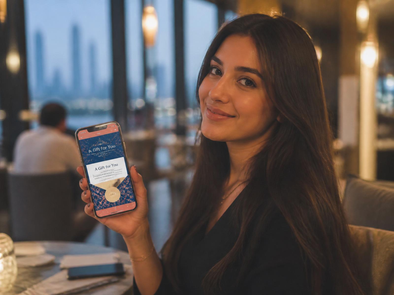 A customer in Dubai viewing a digital gift card on her phone