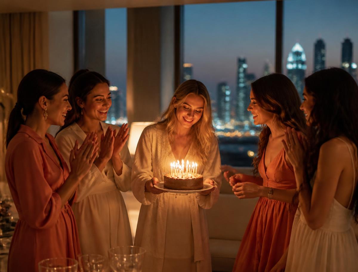 Friends gathered around a birthday cake in a Dubai apartment at dusk